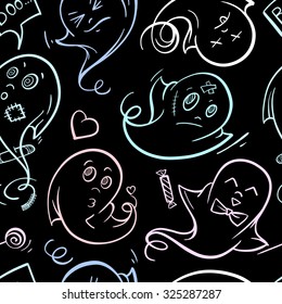 Funny halloween ghosts doodles vector seamless pattern