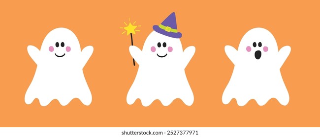 Funny Halloween ghosts. Hand drawn characters. Vector illustration