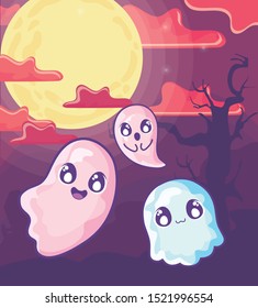 funny halloween ghosts on halloween scene vector illustration design