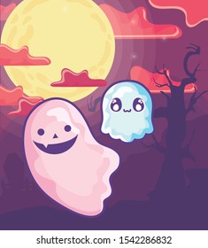 funny halloween ghosts on halloween scene vector illustration design