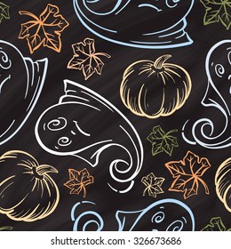 Funny halloween ghosts and pumpkins doodles vector seamless pattern on a chalkboard