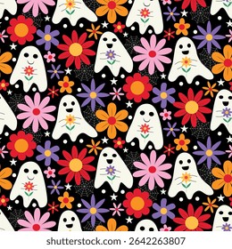 Fantasmas de Halloween engraçados com flores coloridas groovy retro com teia de aranha padrão sem costura. Para tecido de Halloween, fundos e têxteis 