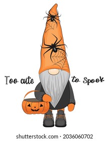 Funny halloween gnome with pumpkin and spiders. Vector illustration. 