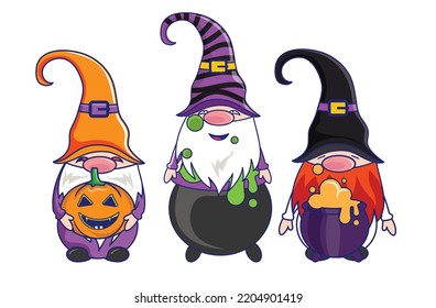 Gracioso paquete de Gnomes de Halloween con barbas blancas disfrazadas de vacaciones. Aislado sin fondo. 