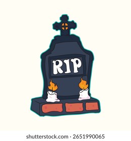 Funny Halloween gravestone sticker illustration featuring a cute RIP sign with burning candles perfect for spooky seasonal decorations invitations party supplies and creative Halloween design