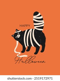 Tarjeta de felicitación divertida de Halloween con la momia del gato. Gato negro envuelto en vendajes que dan vuelta atrás. Diseño dibujado a mano para la decoración de Halloween. Ilustración plana de Vector para impresión de vacaciones, póster, Anuncio.