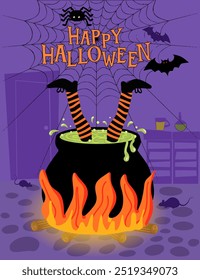Funny Halloween greeting card or invitation with an illustration of a witch who has fallen into the cauldron of potion and we only see her legs