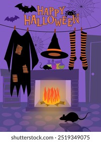 Funny Halloween greeting card or invitation with an illustration of witch clothes hanging on the clothesline in front of the fireplace and bats, rats and spider around