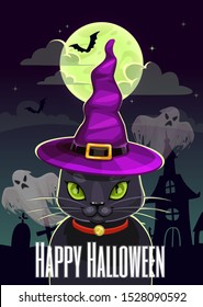 Funny Halloween greeting card with magic black cat with witch hat on its head, ghosts, moon and spooky landscape. Traditional autumn holiday attributes. Vector scary night poster template.