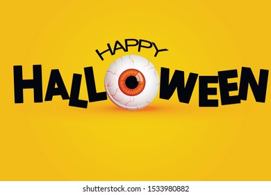 Funny Halloween greeting card with monster orange eyes. Vector isolated illustration on yellow background with shadow