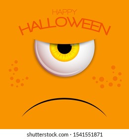 Funny Halloween greeting card monster yellow eyes. Vector isolated illustration on orange background