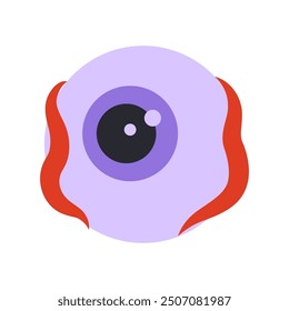 funny halloween greeting card, vector illustration with monster pink eyeball isolated on white, concept of human eye, flat design element