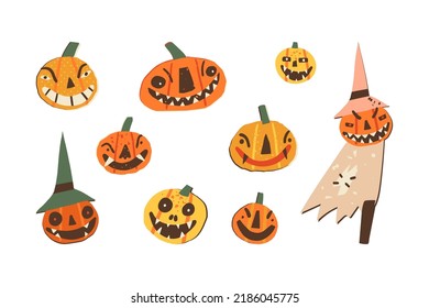 Funny Halloween hand-drawn clipart set. Creepy Jack-o-lantern, spooky pumpkin, garden scarecrow to scare away crows. Retro style vector isolated illustration.