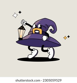 Funny halloween hat character with flashlight in vintage style, spooky hat mascot with lamp