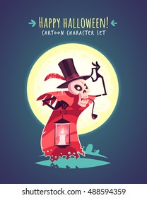 Funny Halloween hatter skull. Vector character illustration