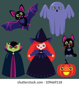 Funny halloween icons/design elements: bat, vampire, witch, ghost, cat and pumpkin.