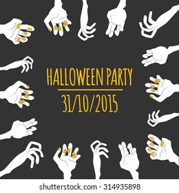 Funny Halloween illustration with frame of cartoon zombie hands. Could be used as template for invitation card, poster, party flyer or as print for T-shirt. On dark isolated background.