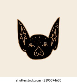 Funny Halloween isolated baby bat face groovy childish vector and jpg printable image, unique boho clipart illustration, editable isolated details. Perfect for poster or postcard template, t-shirt