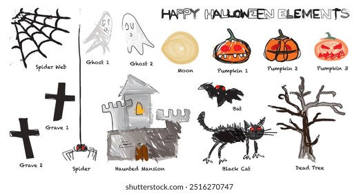 Funny Halloween isolated elements hand drawn style graphic illustration.