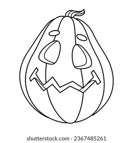 Funny Halloween Jack Lantern pumpkin hand drawn illustration. Fictional spooky character with an emotional facial expression. Autumn holiday decoration. Isolated vector line icon.