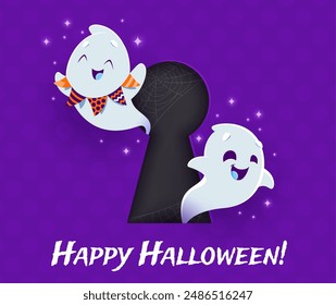 Divertidos fantasmas de Halloween kawaii en ojo de cerradura, Vector horror noche vacaciones Anuncio de corte de papel. Dibujos animados lindo fantasma blanco y personajes de espíritu volando fuera de agujero de la llave con banderas de banderines guirnalda y chispas