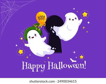 Funny Halloween kawaii ghosts in keyhole for holiday horror night, cartoon vector. Happy Halloween greeting with cute boo ghosts in witch hat with magic wand flying from keyhole on cobweb background