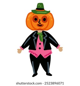 Funny Halloween kid boy with Pumpkin head costume character isolated on white background. Jack o lantern man in dress, cartoon magic child fairy