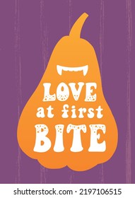 Funny Halloween lettering groovy quote 'Love at first bite' decorated with pumpkin silhouette. Good for cards, posters, prints, signs, stickers, etc. EPS 10