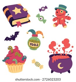 Lustiges Halloween Magic Element Set: Grimoire, Voodoo Doll, Cupcake mit Würmern und Cauldron.