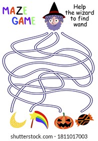 Funny halloween maze game for kids stock vector illustration. Help the wizard to find his wand vertical printable worksheet. Wizard and four engled ways to moon, pumpkin, candy and wand. 