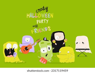 Funny Halloween Monsters playing Crazy Music. Vector Illustration