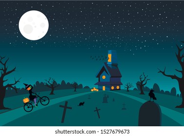 Funny Halloween nigh, witch rides a bicycle to a party.