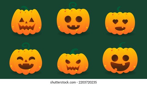 Funny Halloween orange pumpkin lantern set on dark green background vector illustration