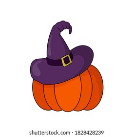 Funny Halloween orange pumpkin with purple witch hat. Colored isolated vector illustration in flat style with shadows on white background