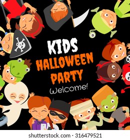 Funny halloween party design concept with happy halloween kids in halloween costumes celebrating. Kids party invitation. Pirate,devil,witch,mummy,dragon,vampire,ghost,monsters.Vector illustration