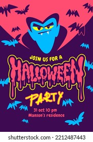 Funny halloween party invitation card with Dracula and lot of bats. Design template for flyer, poster, banner or card. Vector colorful illustration in flat style.