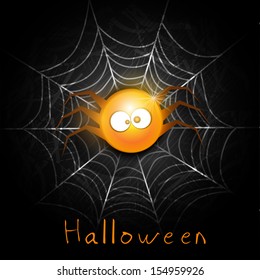 Funny Halloween Party night poster, banner or with cute spider and spiderweb. 