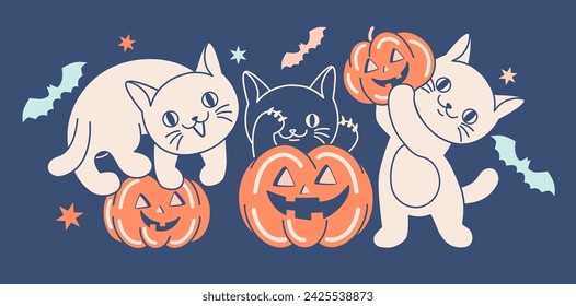 Funny Halloween party with pumpkins and cats. Spooky Halloween print on dark background. Cute naughty kittens as Day of the Dead concept.