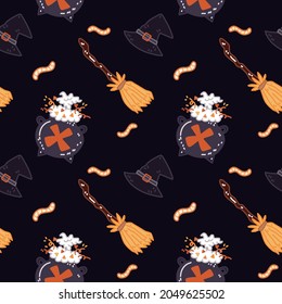 Funny halloween party seamless pattern with broom, witch hat, cauldron, on dark background