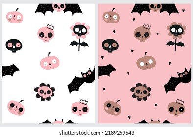 Funny Halloween Party Seamless Vector Pattern with Cute Hand Drawn Kawaii Style Bats, Pumpkins and  Skulls on a White and Pink Background. Infantile Style Halloween Endless Print. Halloween Wallpaper.
