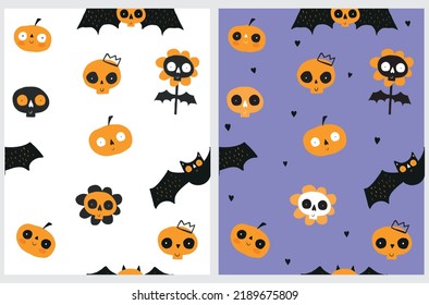 Funny Halloween Party Seamless Vector Pattern with Cute Hand Drawn Kawaii Style Bats, Pumpkins and  Skulls on a White and Violet Background. Infantile Style Halloween Print. Halloween Wallpaper.