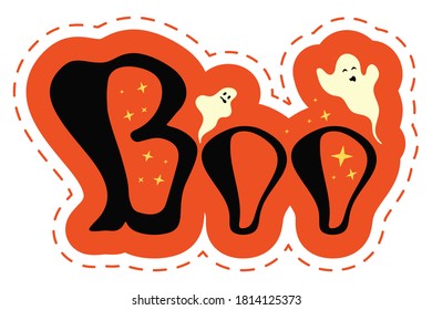 Funny halloween party sticker with text - boo. Nice graphic object with cute ghosts and stars for print design  - poster, banner, sticker pack, t-shirt  design