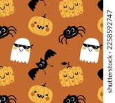 funny halloween pattern design with cute spider, pumkin and ghost drawing as vector