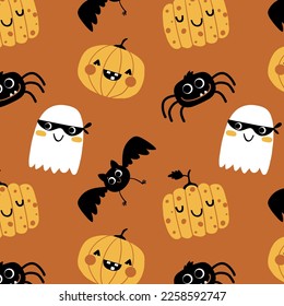 diseño de patrones divertidos de halloween con araña tierno, calumnia y dibujo fantasma como vector