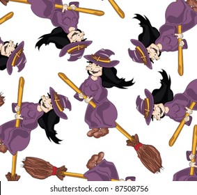 Funny halloween pattern with flat design witches on broom