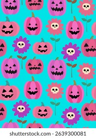 funny halloween pattern with pink jack o lantern pumpkins and skull flowers, seamless cute spooky vector background for textile, kids, party, decoration