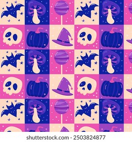 funny Halloween pattern of squares with a skull, a bat, a pumpkin, a hat, in the flat style