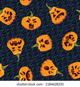 Funny Halloween pattern. Vector illustration of funny pumpkin heads in different form with various emotions isolated on wavy festive background. Seamless holiday pattern. All Hallows' Evening.