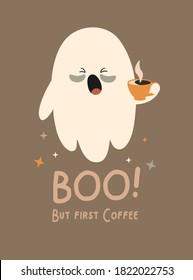 Funny halloween postcard with the ghost holding a cup of hot coffee.