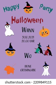 Hübsches Halloween-Poster mit Gespenstern, Hexen und Kürbissen. Vektorgrafik